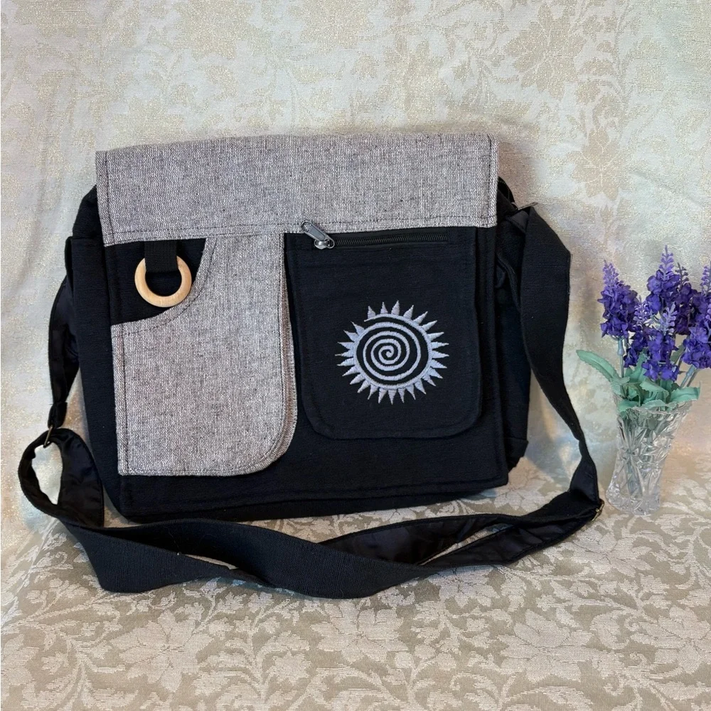 Puzzlestack’s Lukla Messenger Bag Black and Gray Embroidered Crossbody